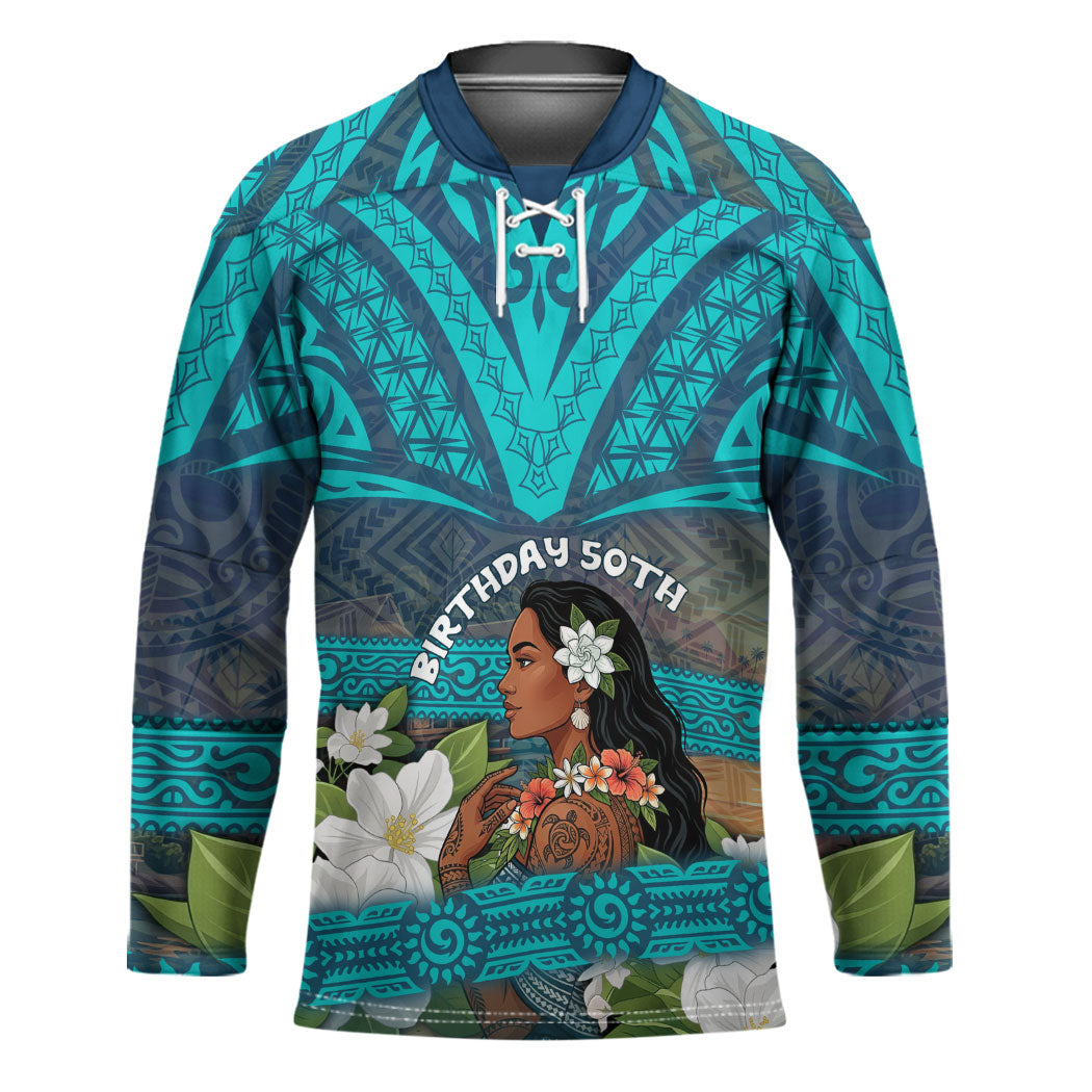 Personalized Polynesian Woman 50th Birthday Hockey Jersey Traditional Pacific Tribal Tattoo Floral Art TS04 Unisex Blue - Polynesian Pride