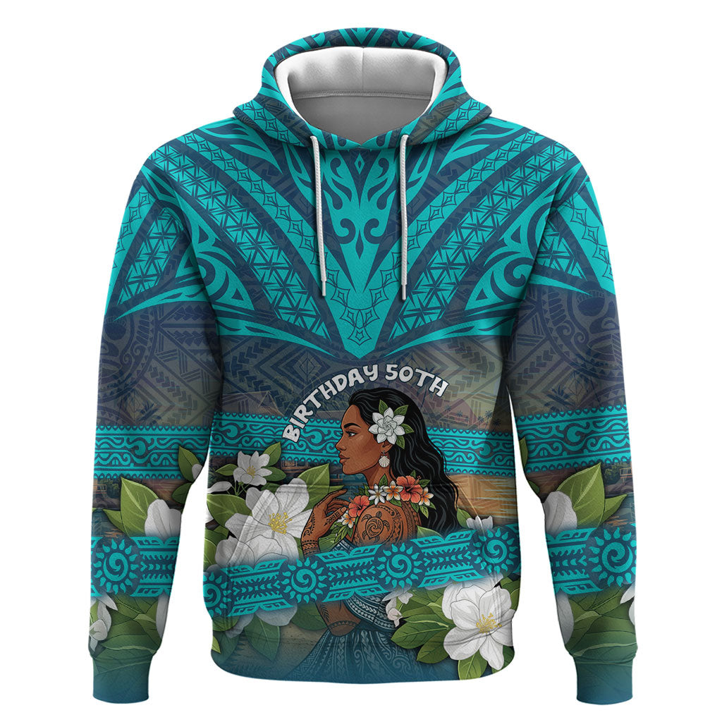 Personalized Polynesian Woman 50th Birthday Hoodie Traditional Pacific Tribal Tattoo Floral Art TS04 Pullover Hoodie Blue - Polynesian Pride