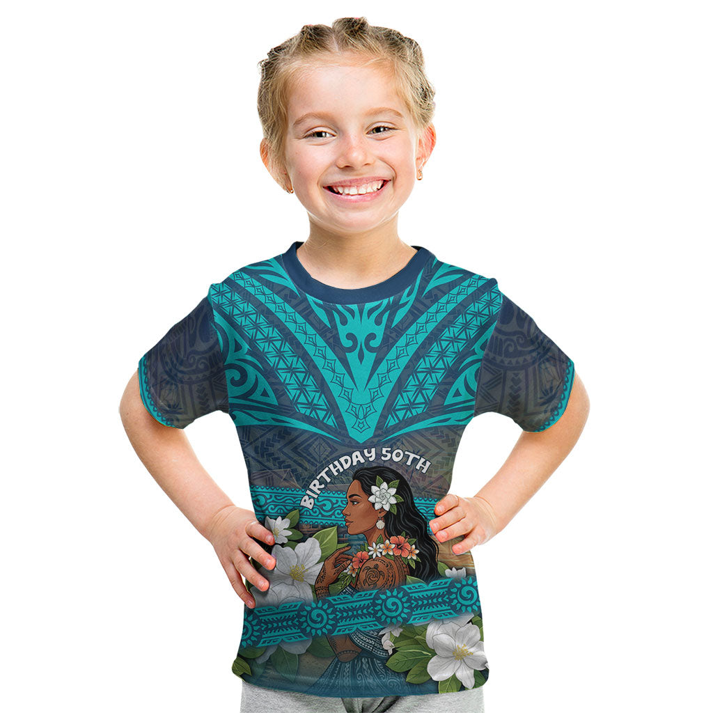 Personalized Polynesian Woman 50th Birthday Kid T Shirt Traditional Pacific Tribal Tattoo Floral Art TS04 Blue - Polynesian Pride