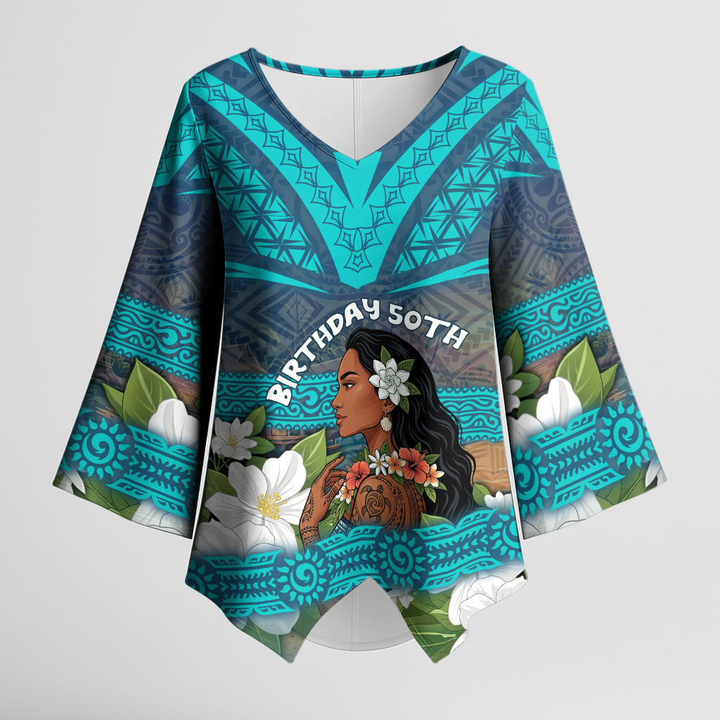 Personalized Polynesian Woman 50th Birthday Kimono Sleeve Blouse Traditional Pacific Tribal Tattoo Floral Art TS04 Female Blue - Polynesian Pride