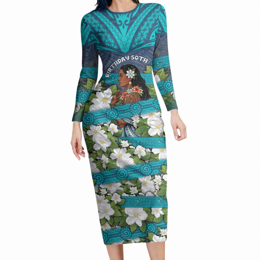 Personalized Polynesian Woman 50th Birthday Long Sleeve Bodycon Dress Traditional Pacific Tribal Tattoo Floral Art TS04 Long Dress Blue - Polynesian Pride