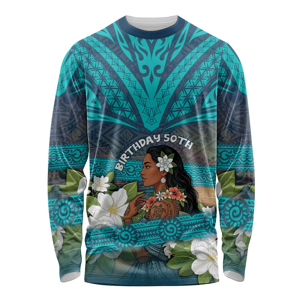 Personalized Polynesian Woman 50th Birthday Long Sleeve Shirt Traditional Pacific Tribal Tattoo Floral Art TS04 Unisex Blue - Polynesian Pride