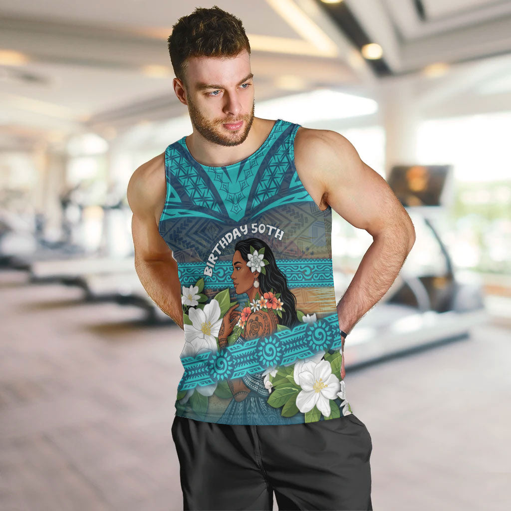 Personalized Polynesian Woman 50th Birthday Men Tank Top Traditional Pacific Tribal Tattoo Floral Art TS04 Blue - Polynesian Pride