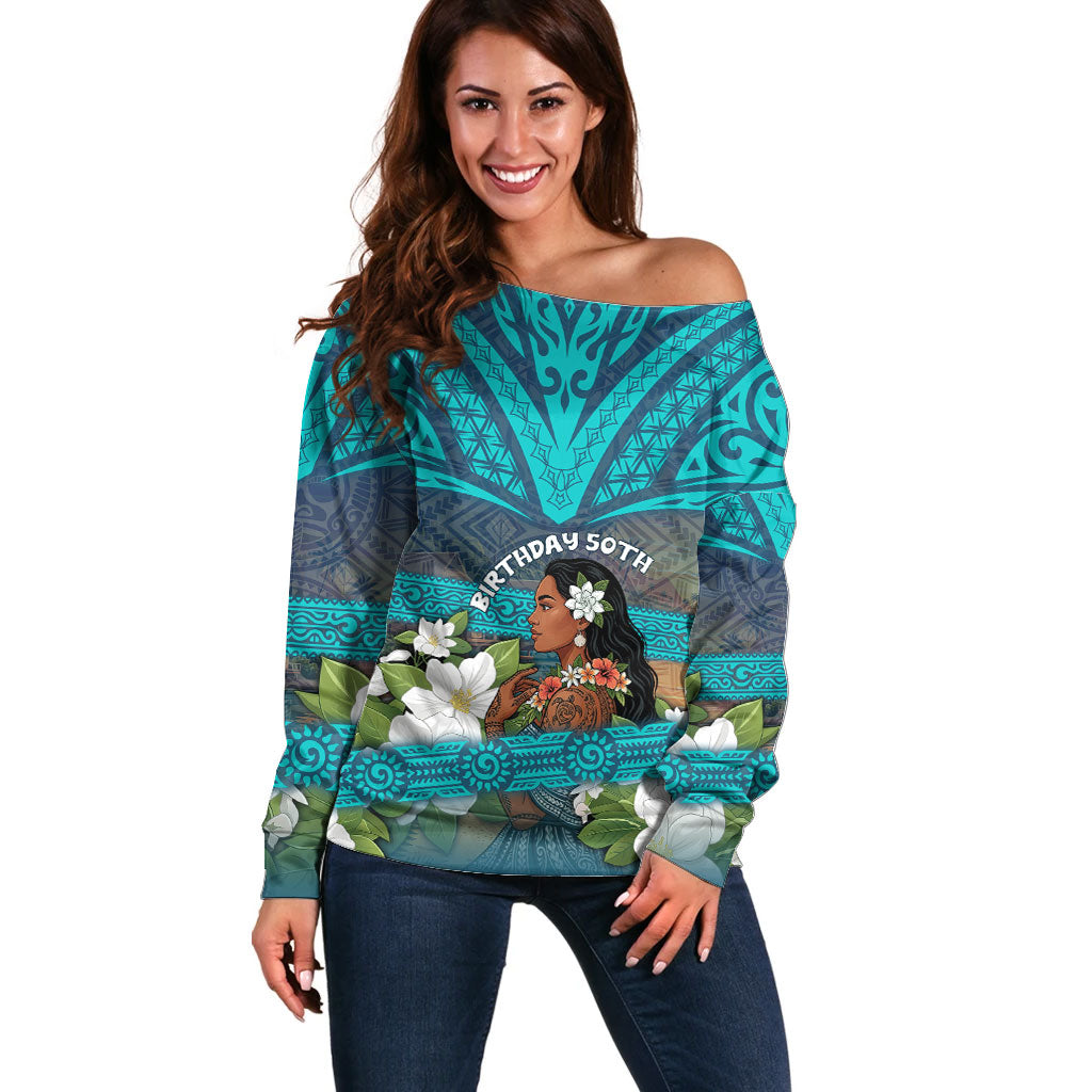 Personalized Polynesian Woman 50th Birthday Off Shoulder Sweater Traditional Pacific Tribal Tattoo Floral Art TS04 Women Blue - Polynesian Pride