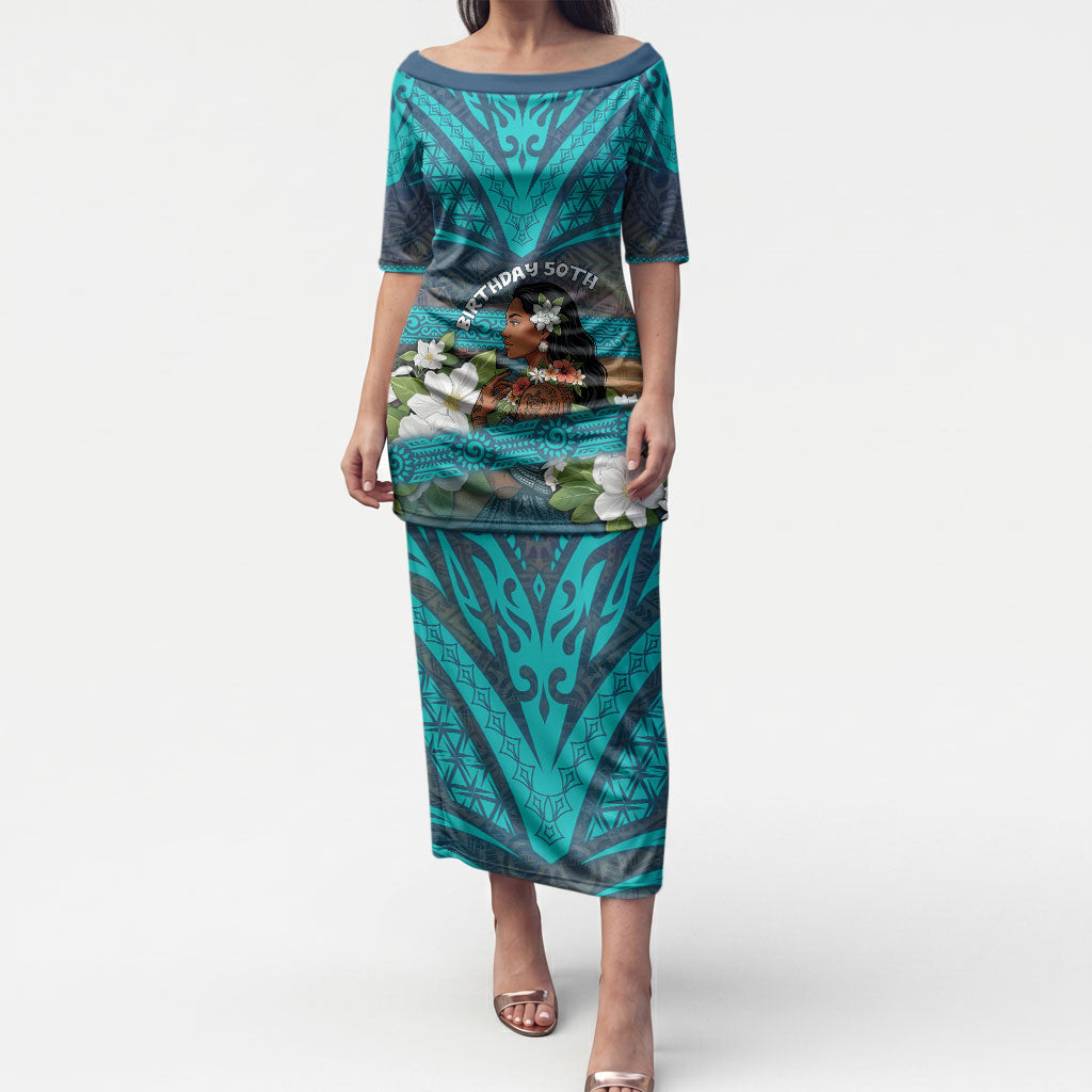 Personalized Polynesian Woman 50th Birthday Puletasi Traditional Pacific Tribal Tattoo Floral Art TS04 Long Dress Blue - Polynesian Pride
