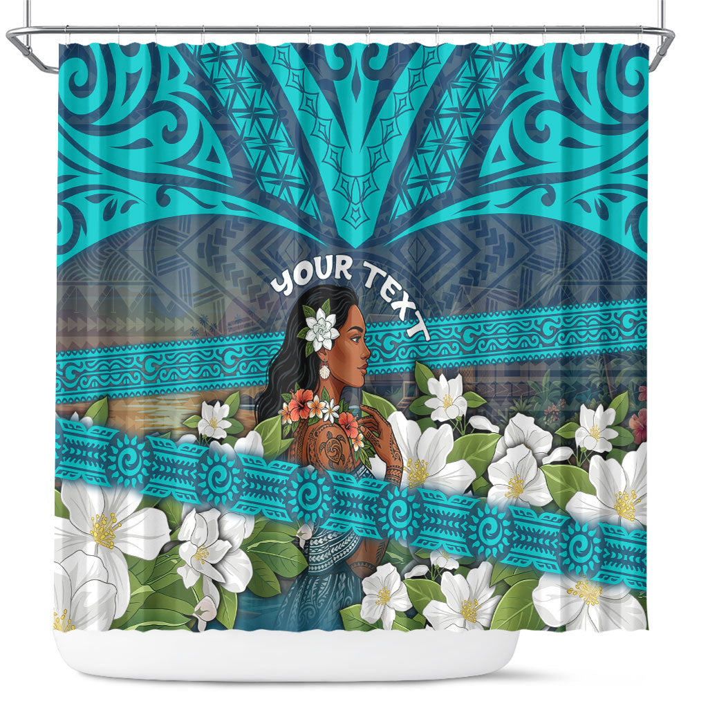 Personalized Polynesian Woman 50th Birthday Shower Curtain Traditional Pacific Tribal Tattoo Floral Art TS04 Blue - Polynesian Pride