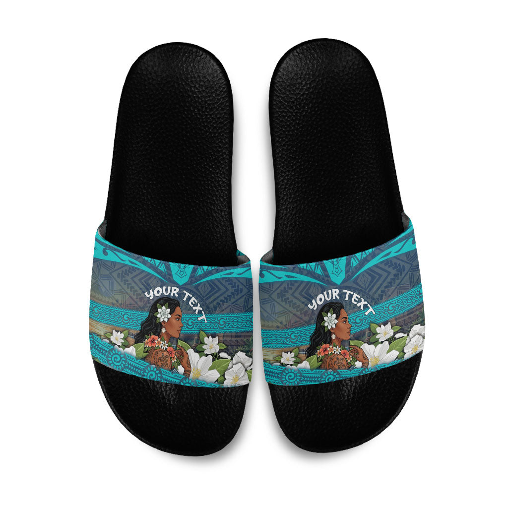 Personalized Polynesian Woman 50th Birthday Slide Sandals Traditional Pacific Tribal Tattoo Floral Art TS04 Blue - Polynesian Pride