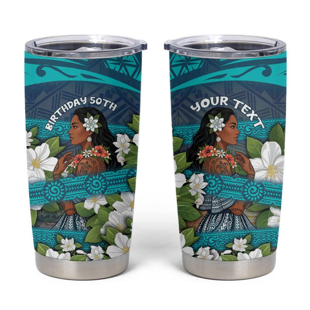 Personalized Polynesian Woman 50th Birthday Tumbler Cup Traditional Pacific Tribal Tattoo Floral Art TS04 Blue - Polynesian Pride
