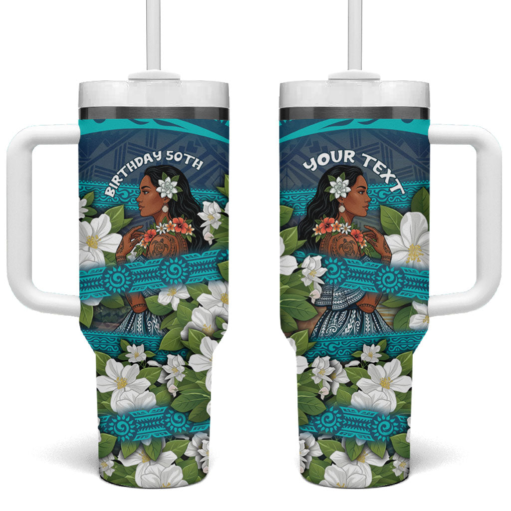 Personalized Polynesian Woman 50th Birthday Tumbler With Handle Traditional Pacific Tribal Tattoo Floral Art TS04 One Size: 40 oz Blue - Polynesian Pride