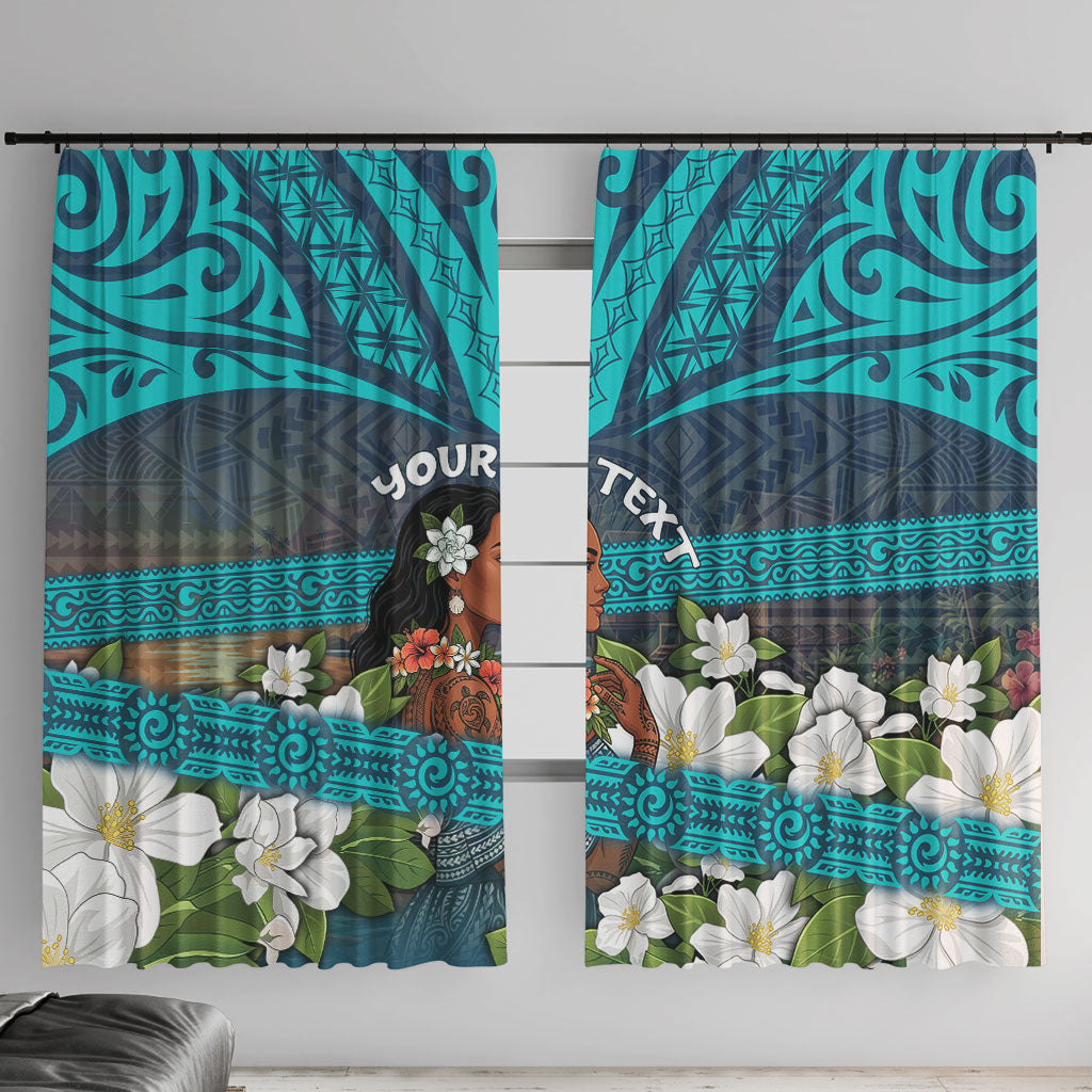 Personalized Polynesian Woman 50th Birthday Window Curtain Traditional Pacific Tribal Tattoo Floral Art TS04 With Hooks Blue - Polynesian Pride