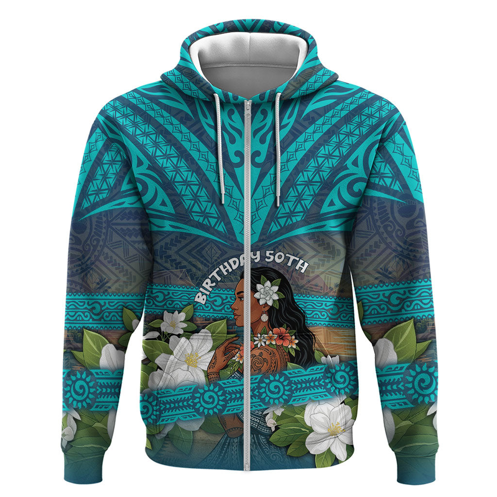 Personalized Polynesian Woman 50th Birthday Zip Hoodie Traditional Pacific Tribal Tattoo Floral Art TS04 Zip Hoodie Blue - Polynesian Pride