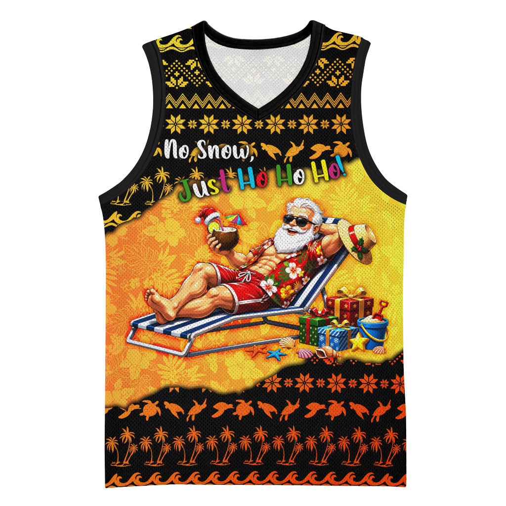 Tropical Christmas In July Santa Claus Basketball Jersey Festive Hawaiian With Beach Reindeer Sleigh TS04 Unisex Orange Black - Polynesian Pride