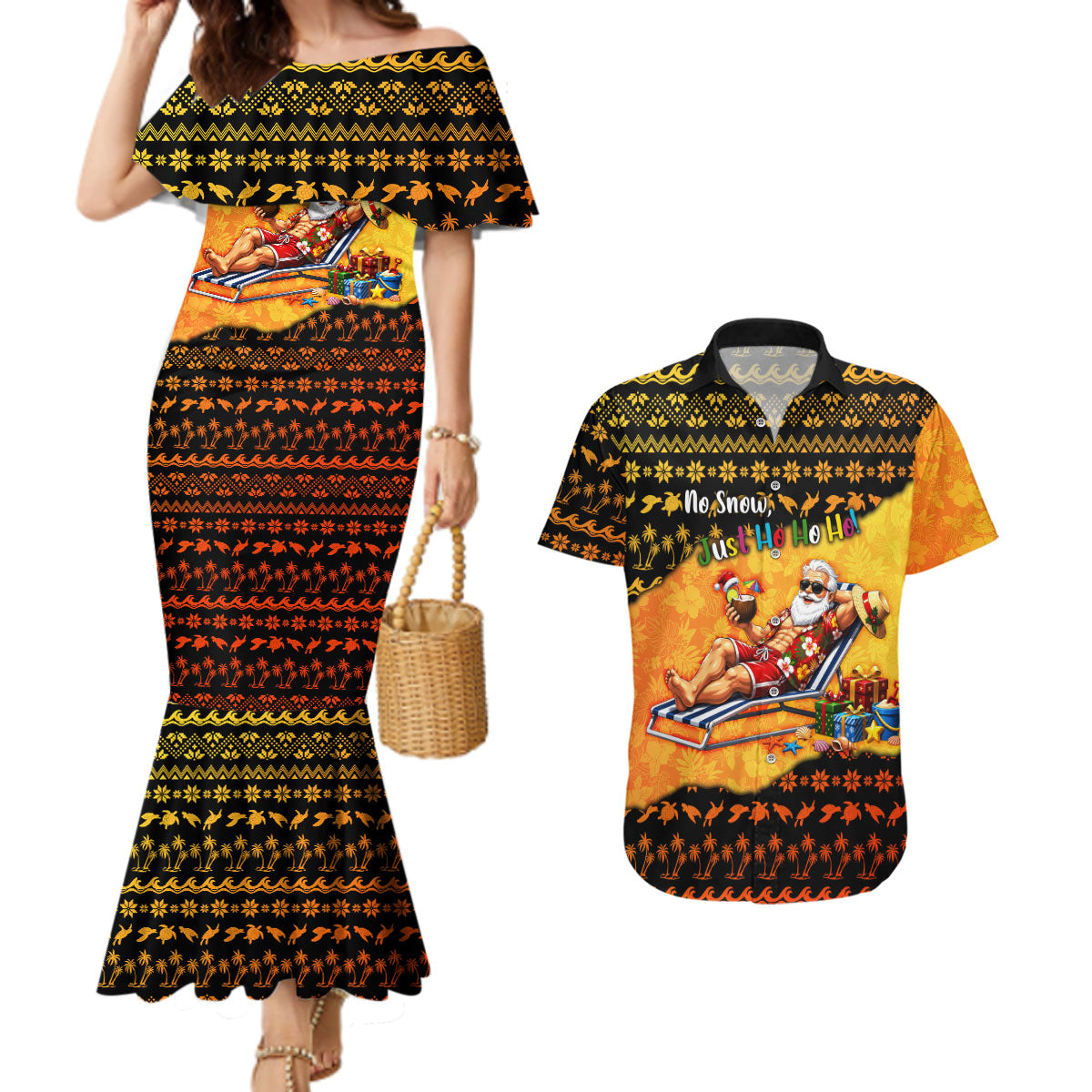 Tropical Christmas In July Santa Claus Couples Matching Mermaid Dress and Hawaiian Shirt Festive Hawaiian With Beach Reindeer Sleigh TS04 Orange Black - Polynesian Pride