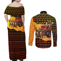 Tropical Christmas In July Santa Claus Couples Matching Off Shoulder Maxi Dress and Long Sleeve Button Shirt Festive Hawaiian With Beach Reindeer Sleigh TS04 - Polynesian Pride