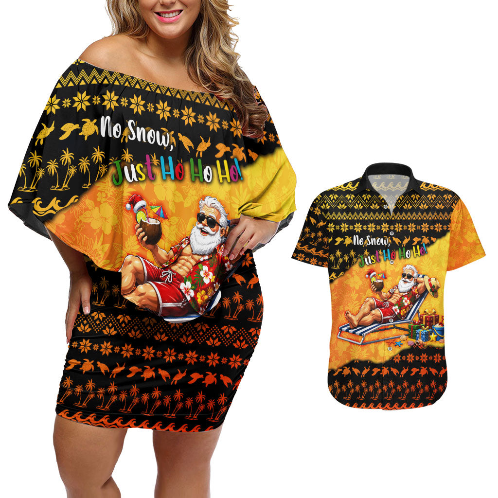 Tropical Christmas In July Santa Claus Couples Matching Off Shoulder Short Dress and Hawaiian Shirt Festive Hawaiian With Beach Reindeer Sleigh TS04 Orange Black - Polynesian Pride