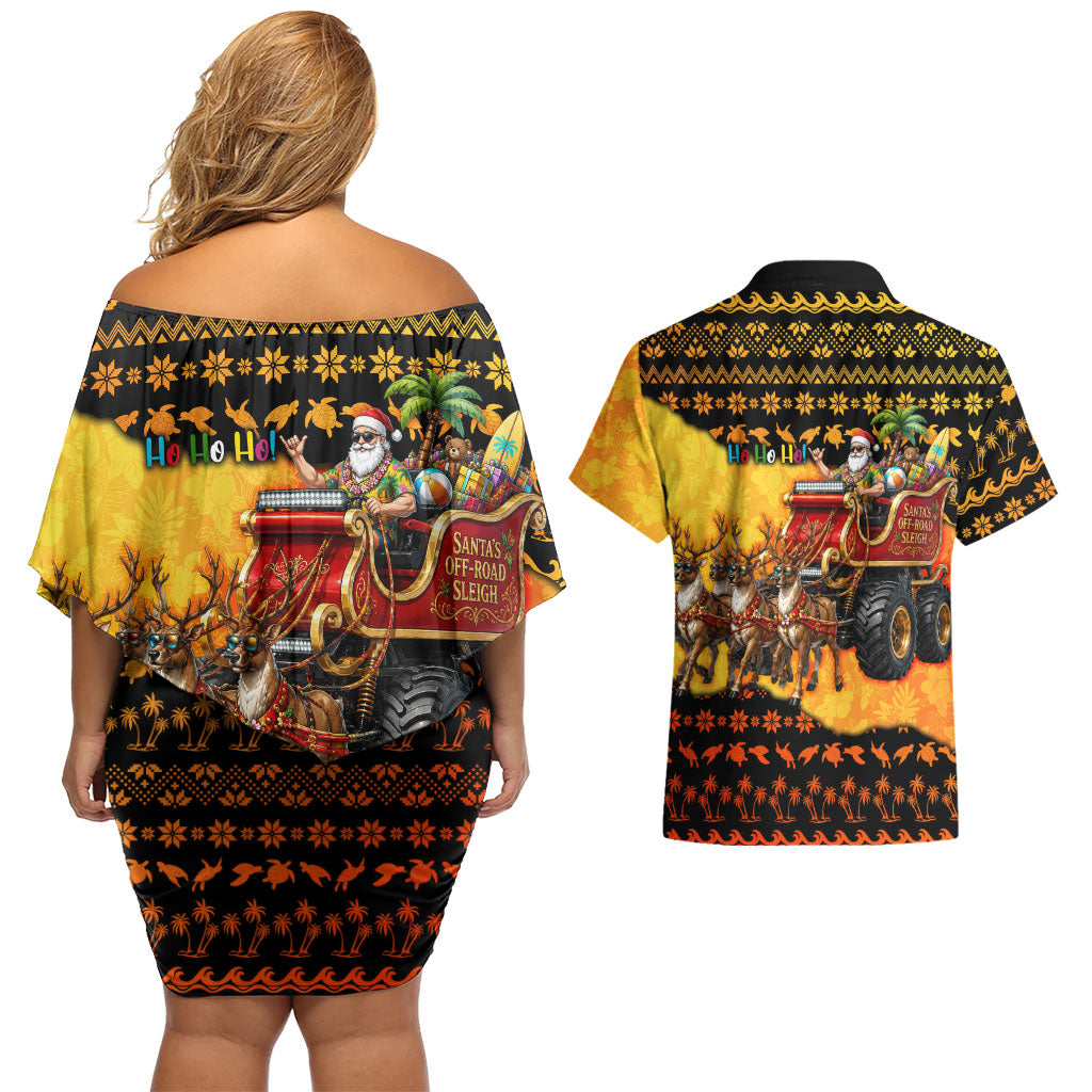 Tropical Christmas In July Santa Claus Couples Matching Off Shoulder Short Dress and Hawaiian Shirt Festive Hawaiian With Beach Reindeer Sleigh TS04 - Polynesian Pride