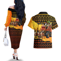 Tropical Christmas In July Santa Claus Couples Matching Off The Shoulder Long Sleeve Dress and Hawaiian Shirt Festive Hawaiian With Beach Reindeer Sleigh TS04 - Polynesian Pride