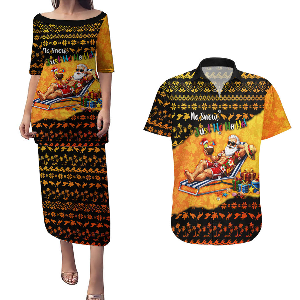Tropical Christmas In July Santa Claus Couples Matching Puletasi and Hawaiian Shirt Festive Hawaiian With Beach Reindeer Sleigh TS04 Orange Black - Polynesian Pride