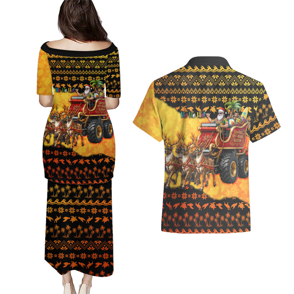Tropical Christmas In July Santa Claus Couples Matching Puletasi and Hawaiian Shirt Festive Hawaiian With Beach Reindeer Sleigh TS04 - Polynesian Pride