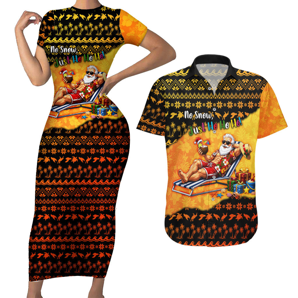 Tropical Christmas In July Santa Claus Couples Matching Short Sleeve Bodycon Dress and Hawaiian Shirt Festive Hawaiian With Beach Reindeer Sleigh TS04 Orange Black - Polynesian Pride
