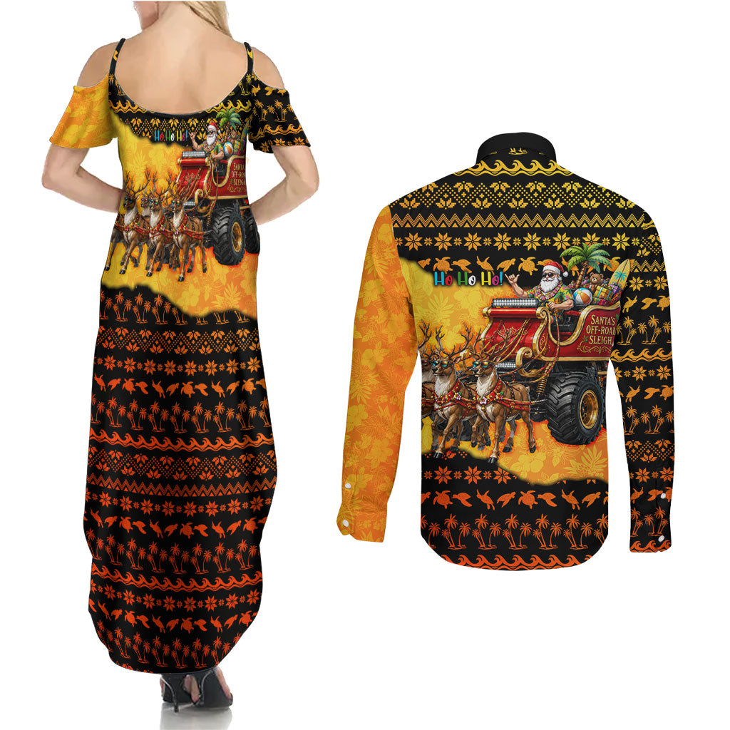 Tropical Christmas In July Santa Claus Couples Matching Summer Maxi Dress and Long Sleeve Button Shirt Festive Hawaiian With Beach Reindeer Sleigh TS04 - Polynesian Pride