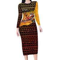 Tropical Christmas In July Santa Claus Family Matching Long Sleeve Bodycon Dress and Hawaiian Shirt Festive Hawaiian With Beach Reindeer Sleigh TS04 Mom's Dress Orange Black - Polynesian Pride
