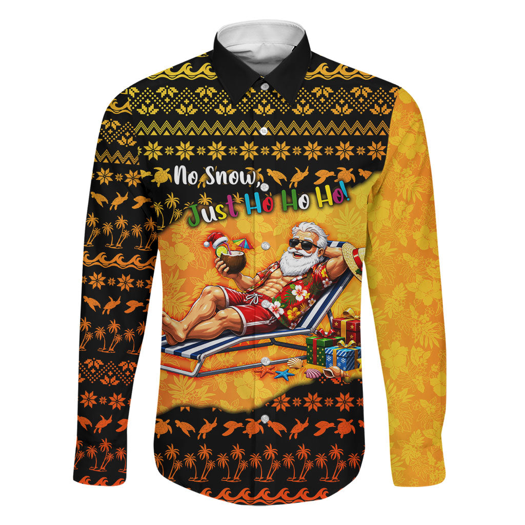 Tropical Christmas In July Santa Claus Family Matching Off The Shoulder Long Sleeve Dress and Hawaiian Shirt Festive Hawaiian With Beach Reindeer Sleigh TS04 Dad's Shirt - Long Sleeve Orange Black - Polynesian Pride