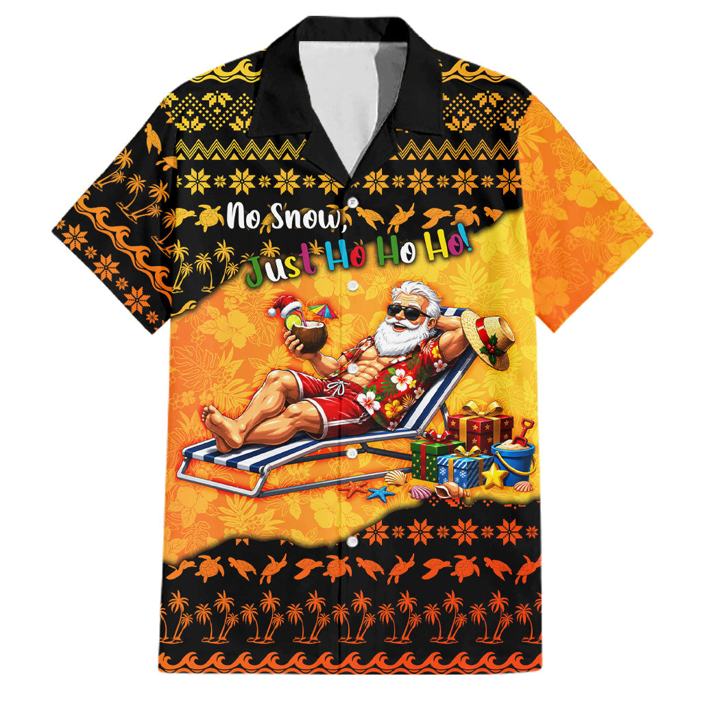 Tropical Christmas In July Santa Claus Family Matching Off Shoulder Maxi Dress and Hawaiian Shirt Festive Hawaiian With Beach Reindeer Sleigh TS04 Dad's Shirt - Short Sleeve Orange Black - Polynesian Pride