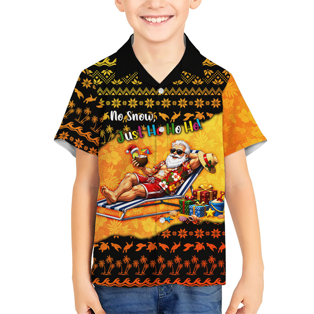 Tropical Christmas In July Santa Claus Family Matching Puletasi and Hawaiian Shirt Festive Hawaiian With Beach Reindeer Sleigh TS04 Son's Shirt Orange Black - Polynesian Pride
