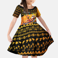 Tropical Christmas In July Santa Claus Family Matching Short Sleeve Bodycon Dress and Hawaiian Shirt Festive Hawaiian With Beach Reindeer Sleigh TS04 Daughter's Dress Orange Black - Polynesian Pride