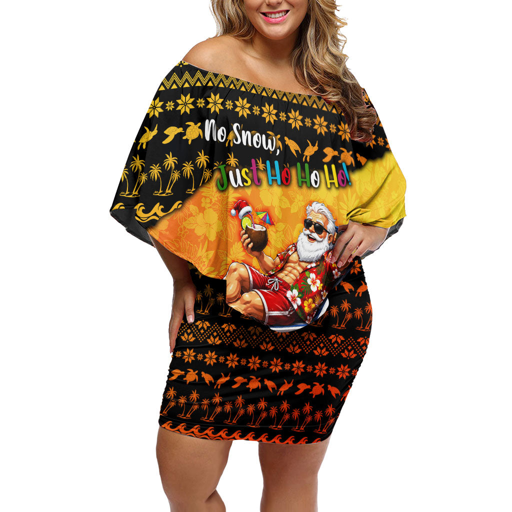 Tropical Christmas In July Santa Claus Off Shoulder Short Dress Festive Hawaiian With Beach Reindeer Sleigh TS04 Women Orange Black - Polynesian Pride