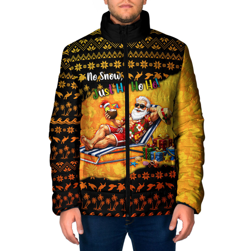 Tropical Christmas In July Santa Claus Padded Jacket Festive Hawaiian With Beach Reindeer Sleigh TS04 Men Orange Black - Polynesian Pride