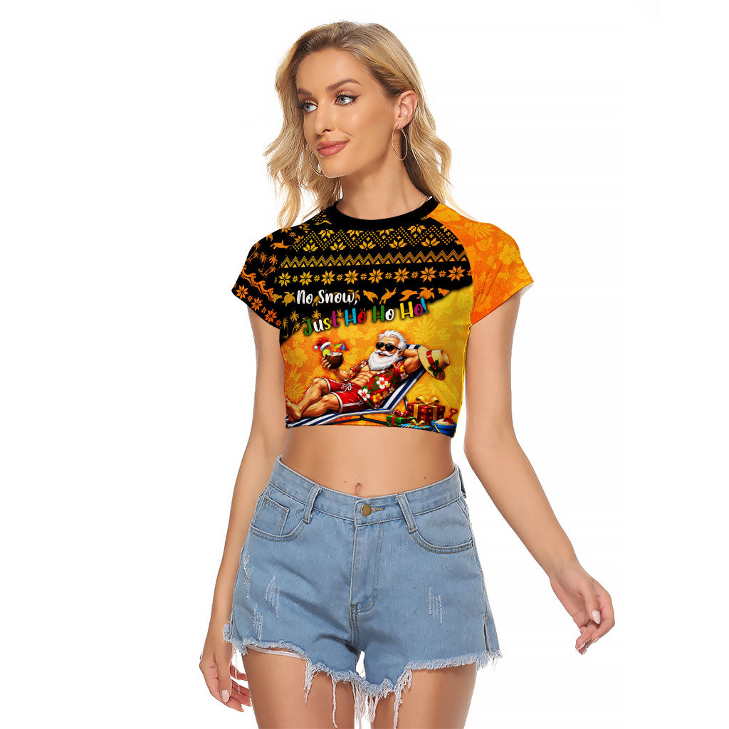 Tropical Christmas In July Santa Claus Raglan Cropped T Shirt Festive Hawaiian With Beach Reindeer Sleigh