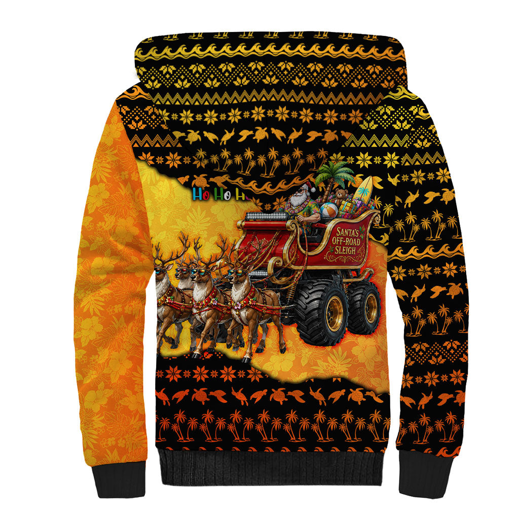 Tropical Christmas In July Santa Claus Sherpa Hoodie Festive Hawaiian With Beach Reindeer Sleigh