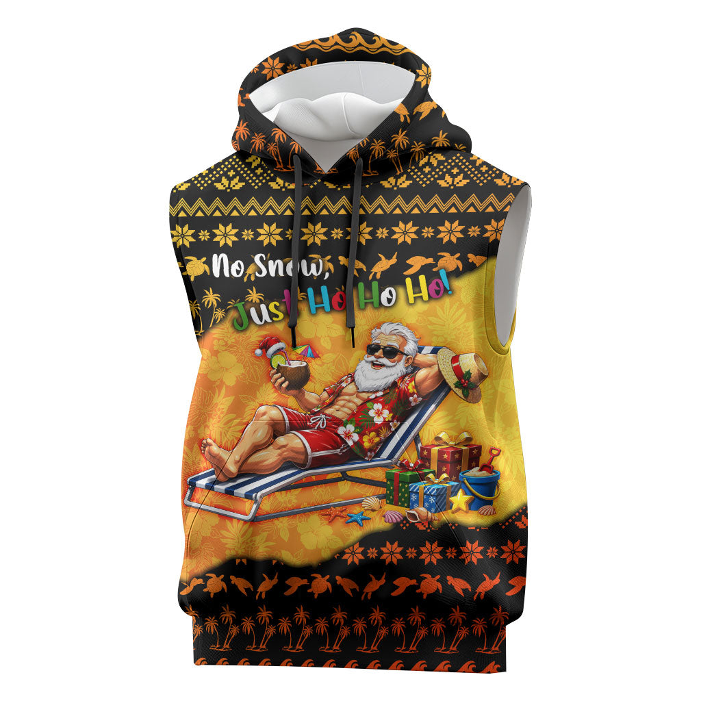 Tropical Christmas In July Santa Claus Sleeveless Hoodie Festive Hawaiian With Beach Reindeer Sleigh TS04 Orange Black - Polynesian Pride