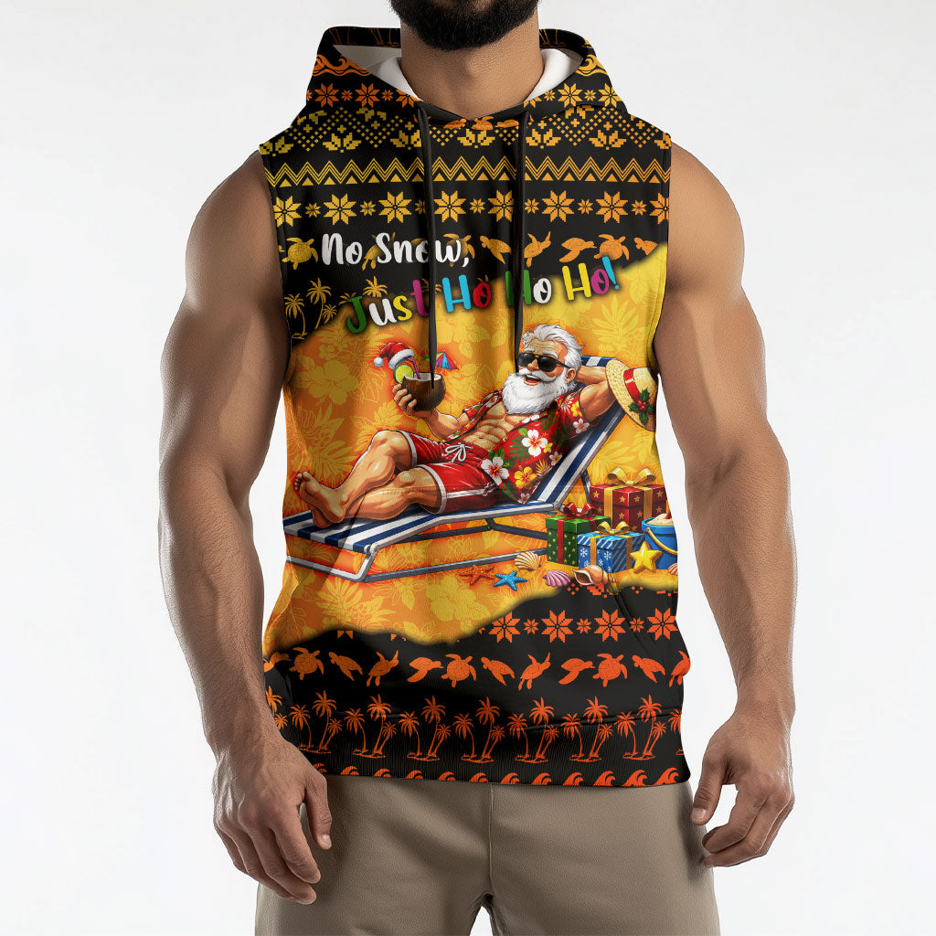 Tropical Christmas In July Santa Claus Sleeveless Hoodie Festive Hawaiian With Beach Reindeer Sleigh