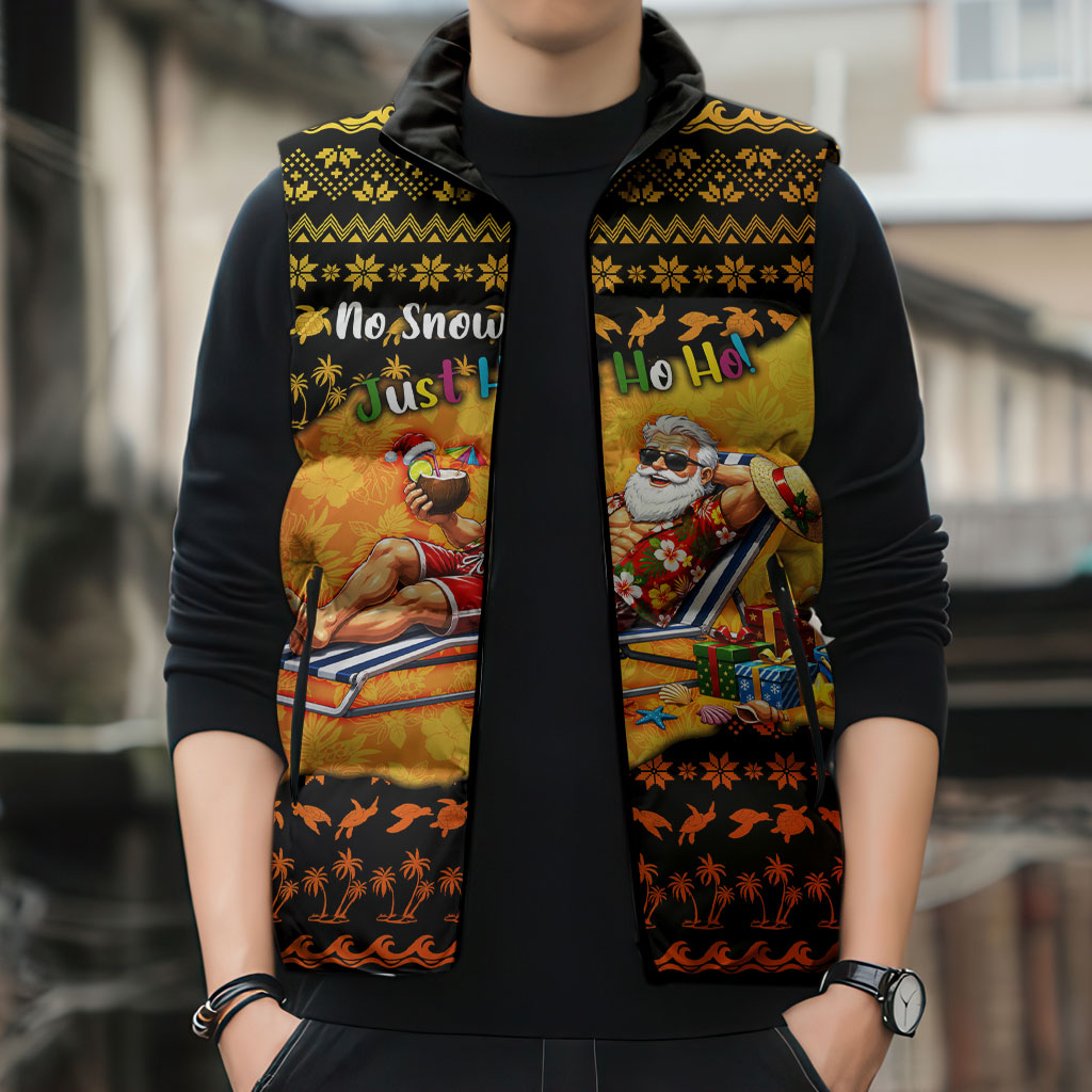 Tropical Christmas In July Santa Claus Sleeveless Puffer Jacket Festive Hawaiian With Beach Reindeer Sleigh
