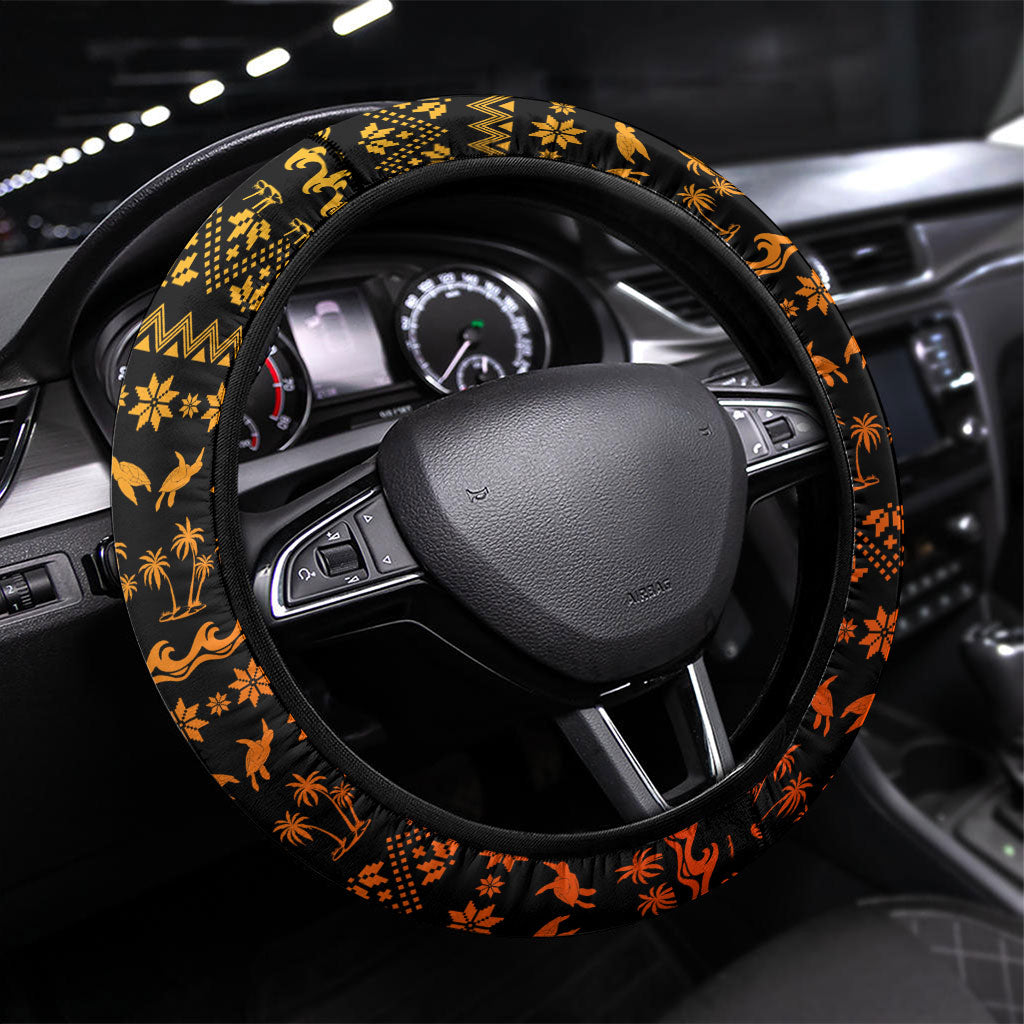 Tropical Christmas In July Santa Claus Steering Wheel Cover Festive Hawaiian With Beach Reindeer Sleigh TS04 Universal Fit Orange Black - Polynesian Pride