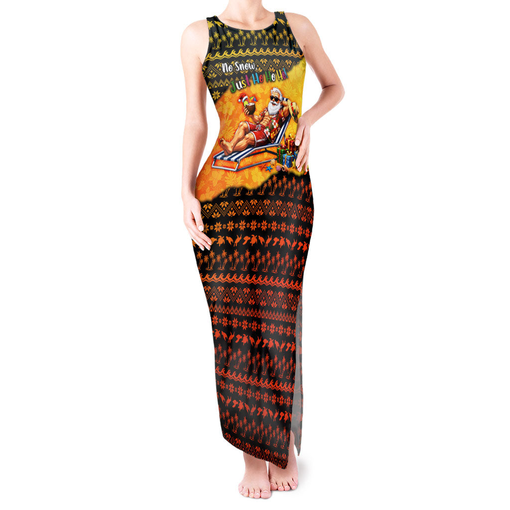 Tropical Christmas In July Santa Claus Tank Maxi Dress Festive Hawaiian With Beach Reindeer Sleigh TS04 Women Orange Black - Polynesian Pride