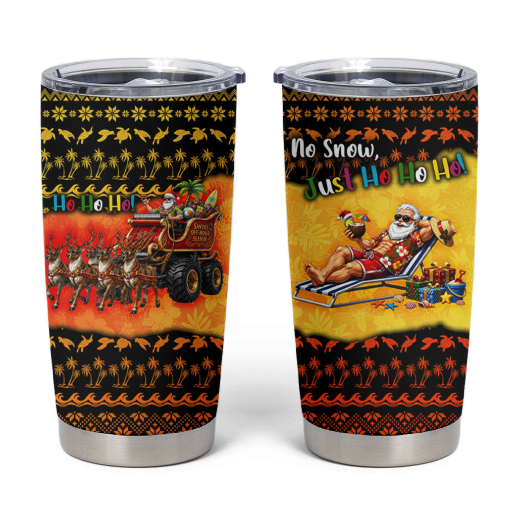 Tropical Christmas In July Santa Claus Tumbler Cup Festive Hawaiian With Beach Reindeer Sleigh TS04 Orange Black - Polynesian Pride
