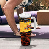 Tropical Christmas In July Santa Claus Tumbler With Handle Festive Hawaiian With Beach Reindeer Sleigh