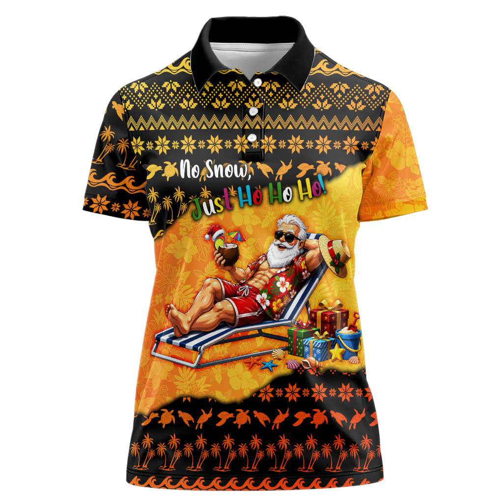 Tropical Christmas In July Santa Claus Women Polo Shirt Festive Hawaiian With Beach Reindeer Sleigh TS04 Female Orange Black - Polynesian Pride