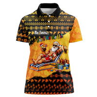 Tropical Christmas In July Santa Claus Women Polo Shirt Festive Hawaiian With Beach Reindeer Sleigh TS04 Female Orange Black - Polynesian Pride