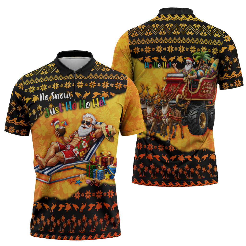 Tropical Christmas In July Santa Claus Zipper Polo Shirt Festive Hawaiian With Beach Reindeer Sleigh