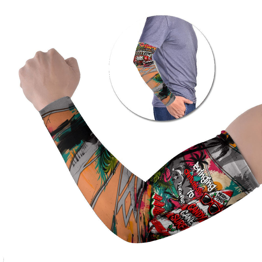 Tropical Christmas In July Candy Cane Surf Arm Sleeves Vibrant Street Art Beach Graffiti Graphic