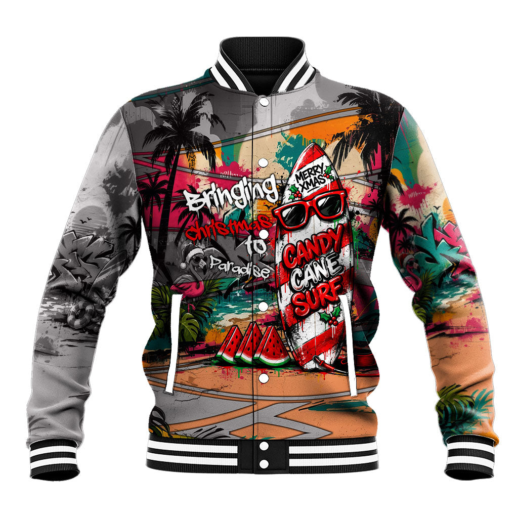 Tropical Christmas In July Candy Cane Surf Baseball Jacket Vibrant Street Art Beach Graffiti Graphic TS04 Unisex Orange Grey - Polynesian Pride