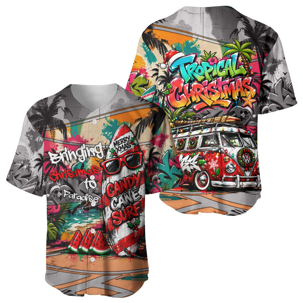 Tropical Christmas In July Candy Cane Surf Baseball Jersey Vibrant Street Art Beach Graffiti Graphic