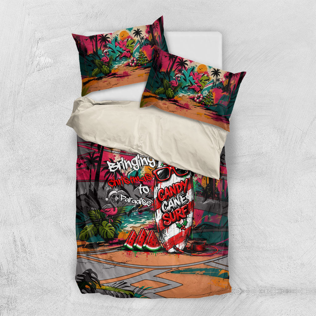Tropical Christmas In July Candy Cane Surf Bedding Set Vibrant Street Art Beach Graffiti Graphic
