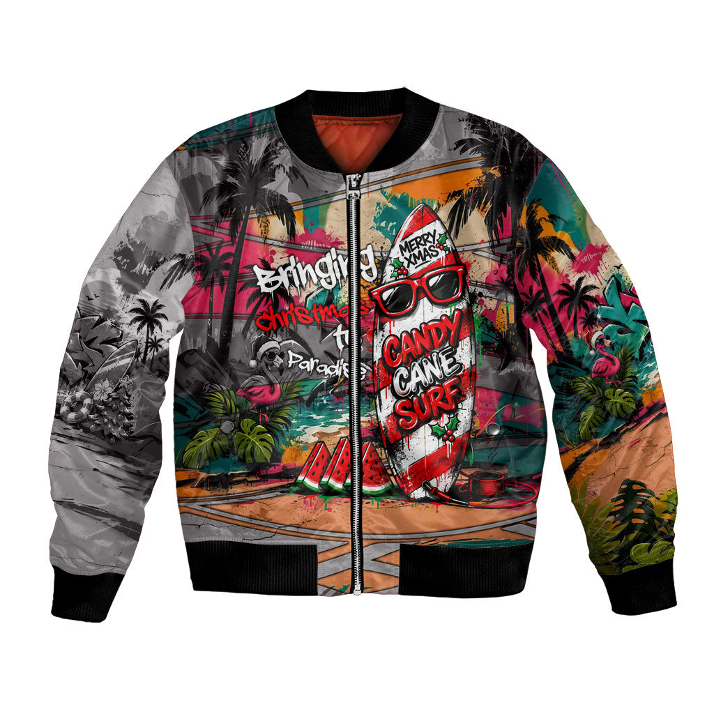 Tropical Christmas In July Candy Cane Surf Bomber Jacket Vibrant Street Art Beach Graffiti Graphic TS04 Unisex Orange Grey - Polynesian Pride