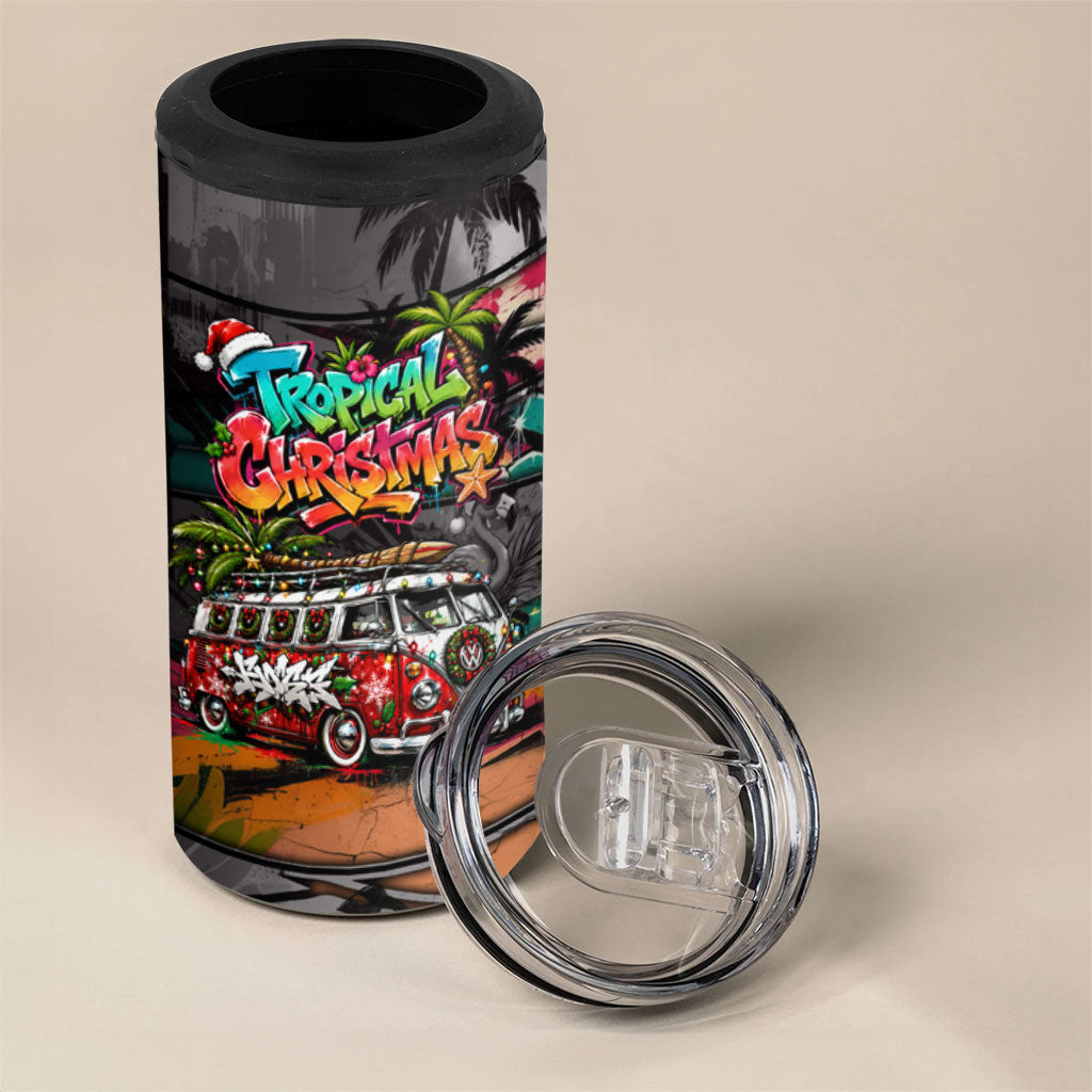 Tropical Christmas In July Candy Cane Surf 4 in 1 Can Cooler Tumbler Vibrant Street Art Beach Graffiti Graphic